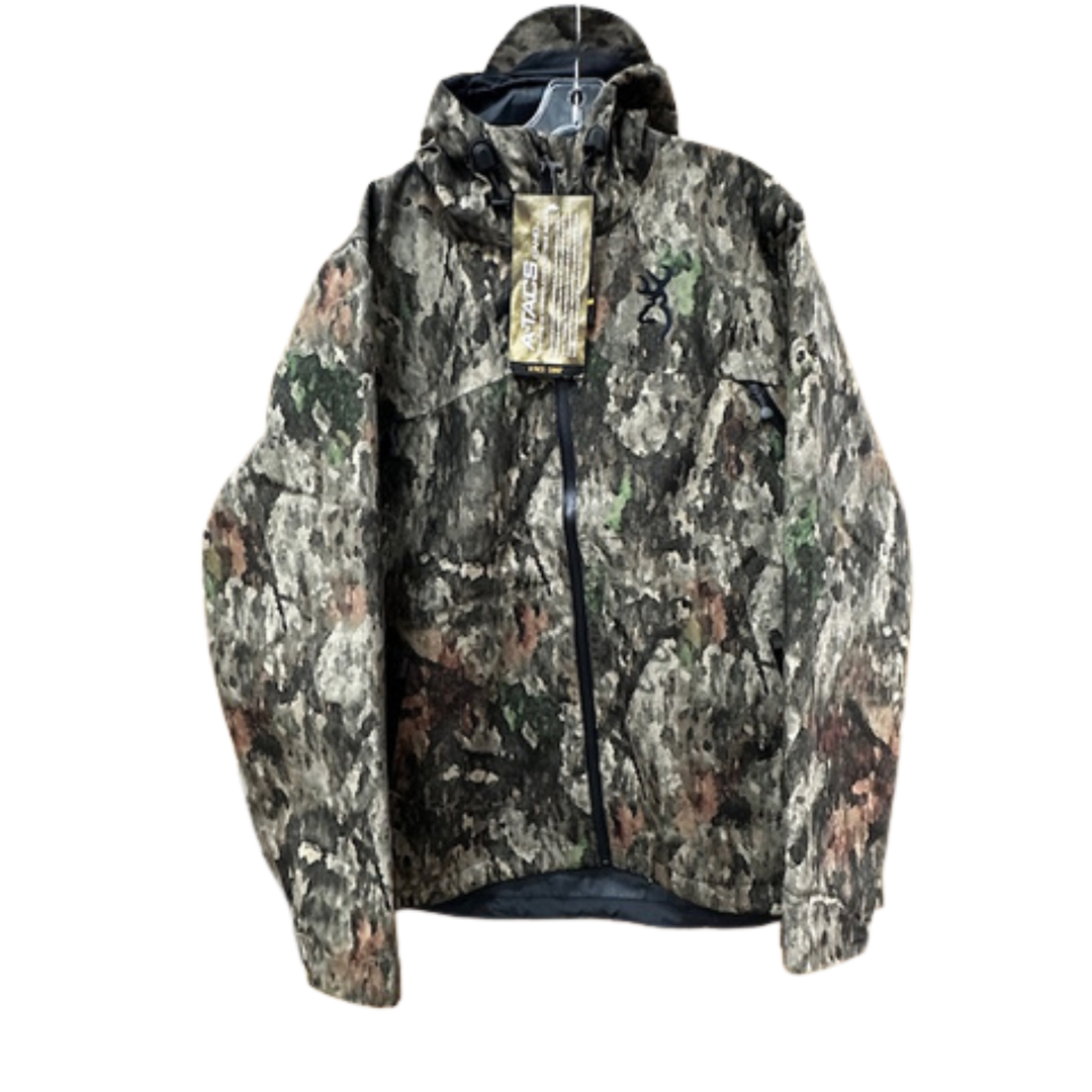 Camouflage jacket with a tag on a white background