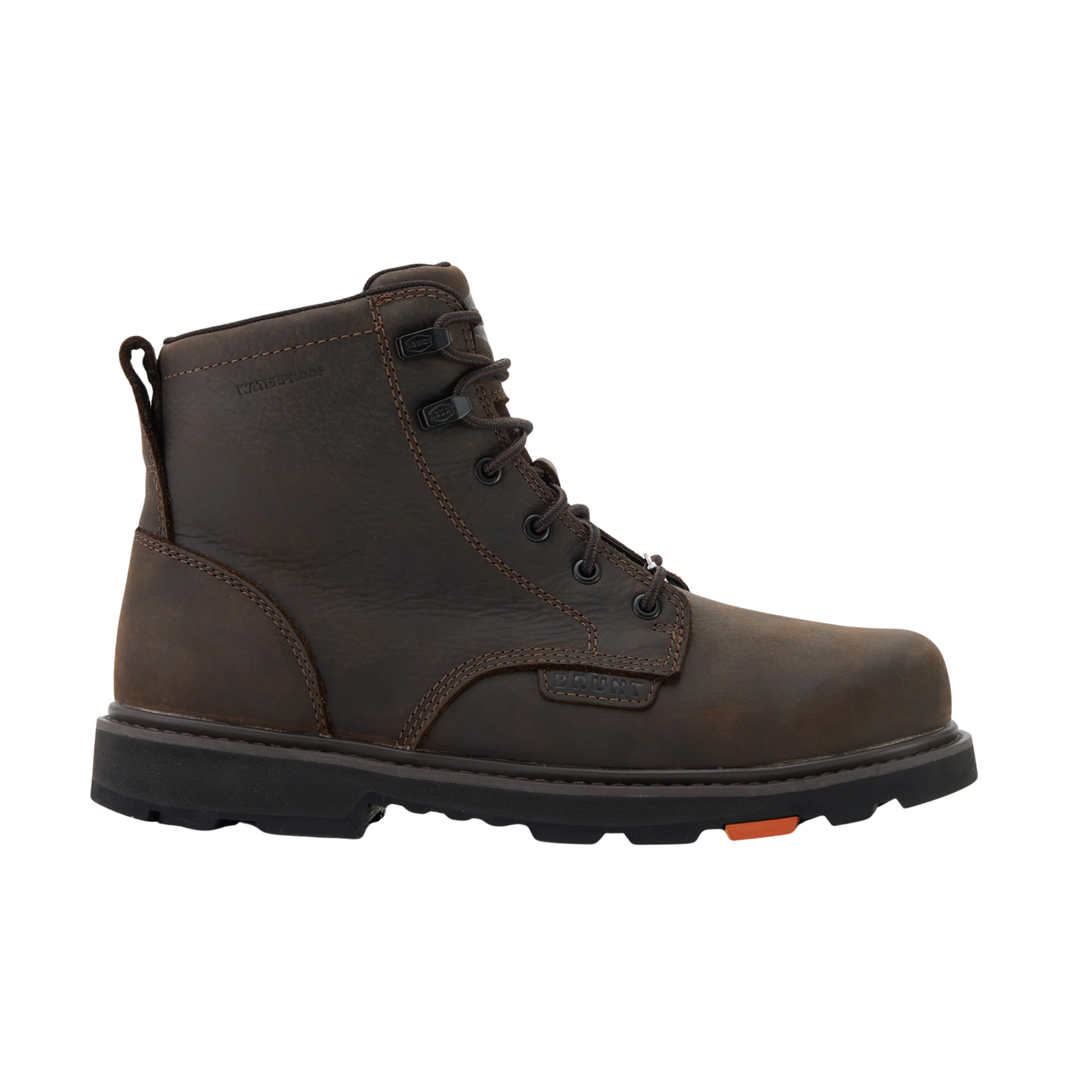 Brown leather boot with orange sole on a white background