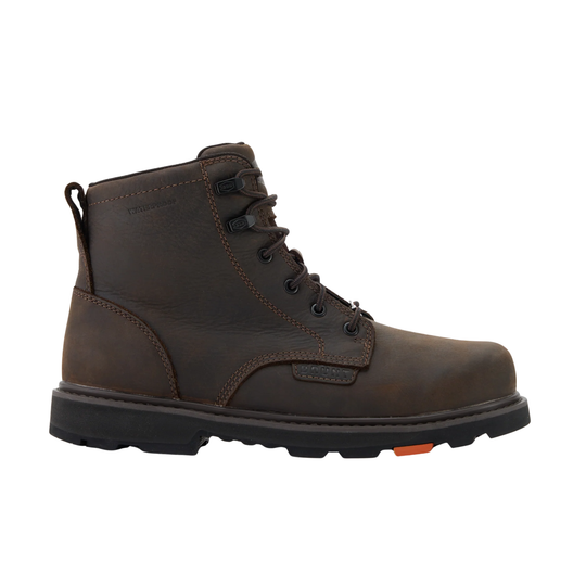 Brown leather boot with orange sole on a white background
