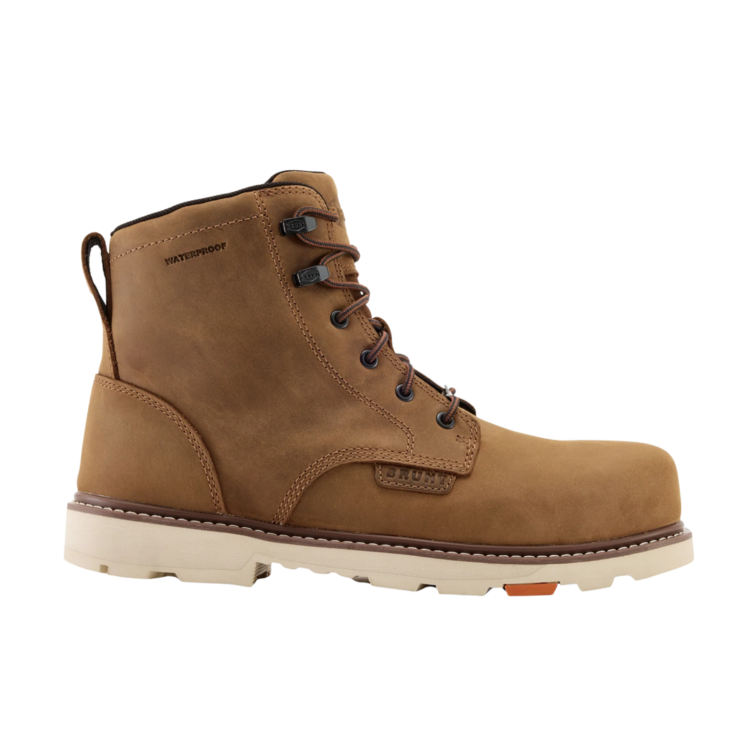 Brown leather boot with white sole on a white background