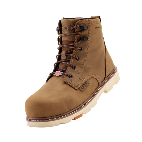 Brown leather boot with a white sole on a white background