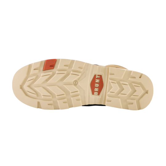 Cream-colored boot sole with red BRUNT logo and traction tread