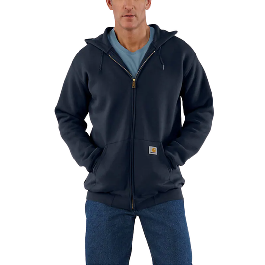 Person wearing a navy blue hoodie with a visible brand logo on a white background