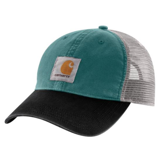 Teal and black cap with Carhartt logo on a white background