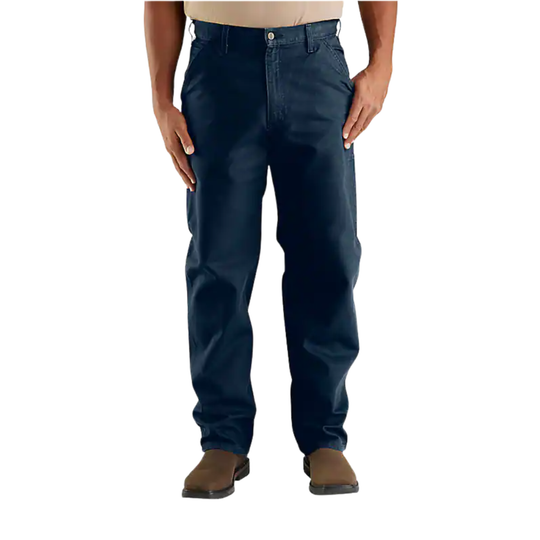 Navy blue pants worn by a person on a white background