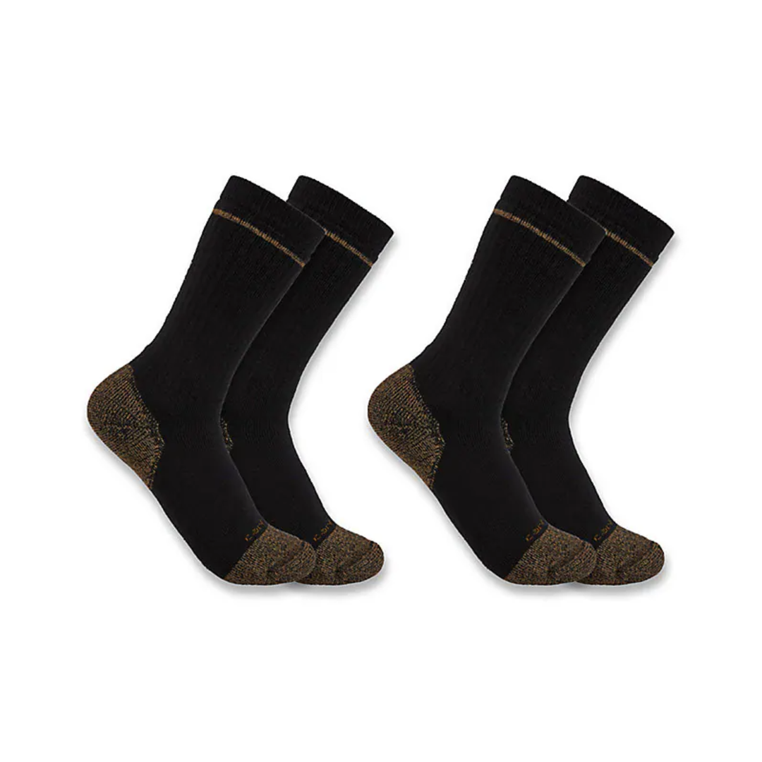 Two pairs of black socks with brown toes and heels on a white background
