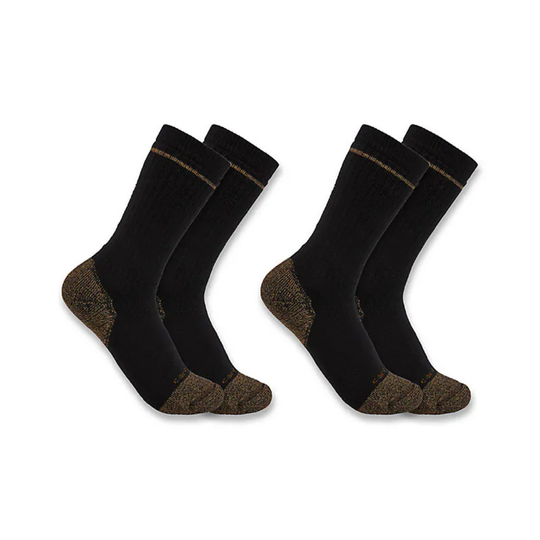 Two pairs of black socks with brown toes and heels on a white background