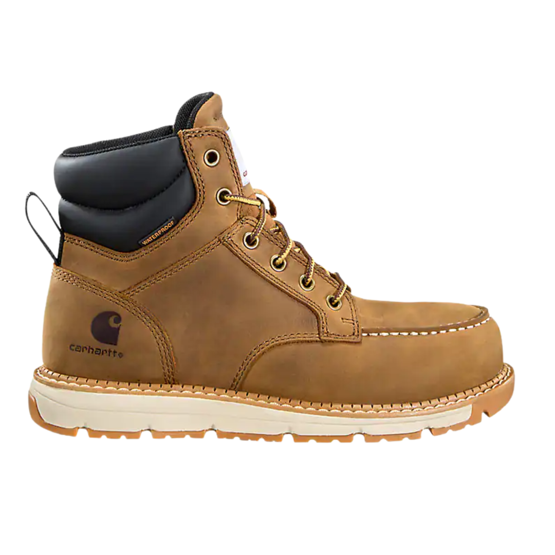 Tan leather work boot with black padded collar, metal eyelets, and visible Carhartt logo
