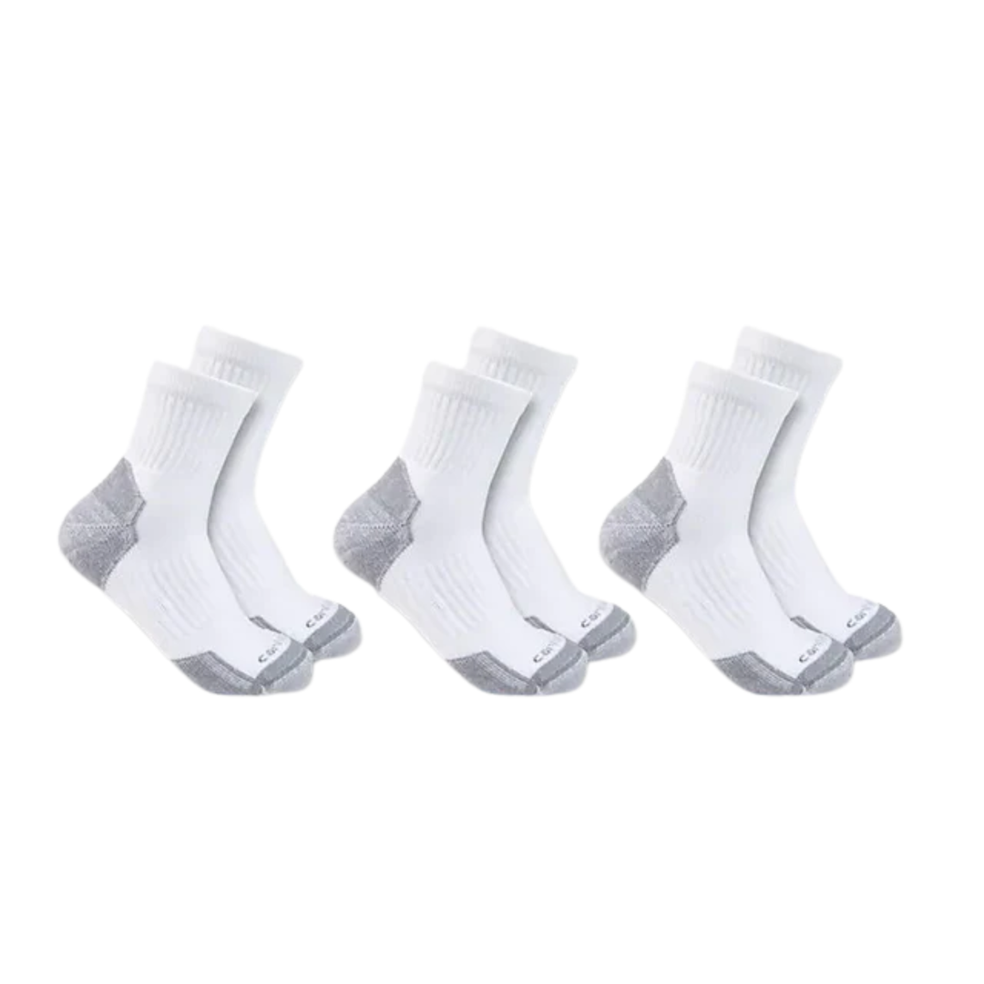 Three pairs of white socks with gray accents on a white background