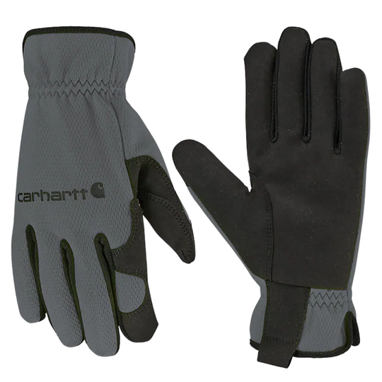 Gray and black work gloves with Carhartt logo, shown front and back