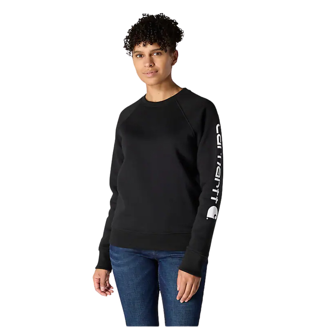 Person wearing a black sweatshirt with a logo on the sleeve against a white background