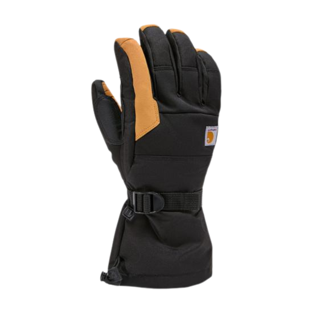 Black insulated winter glove with tan palm reinforcement and wrist strap