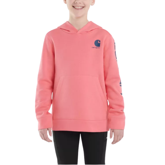 Person wearing a pink hoodie with a brand logo on a white background