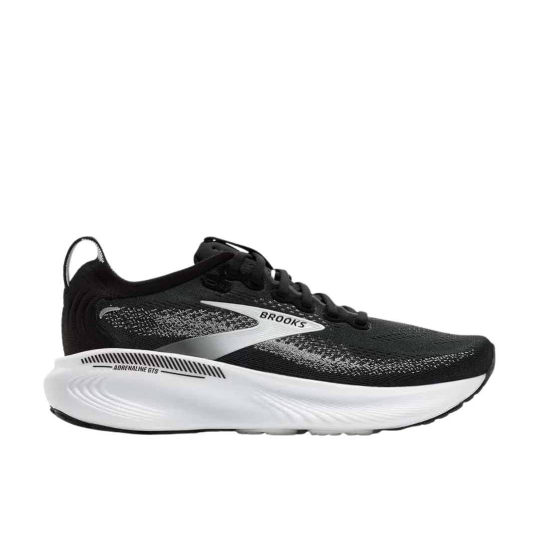 Black running shoe with white midsole and Brooks branding