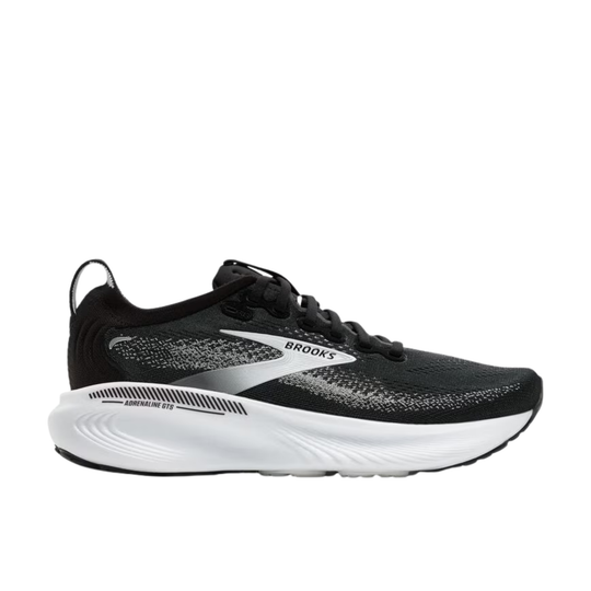 Black running shoe with white midsole and Brooks branding