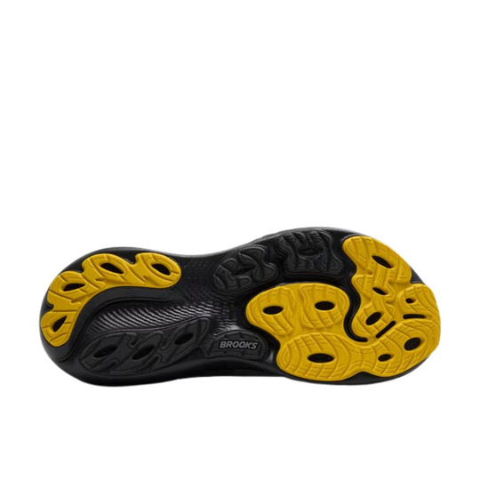Black and yellow shoe outsole with Brooks branding