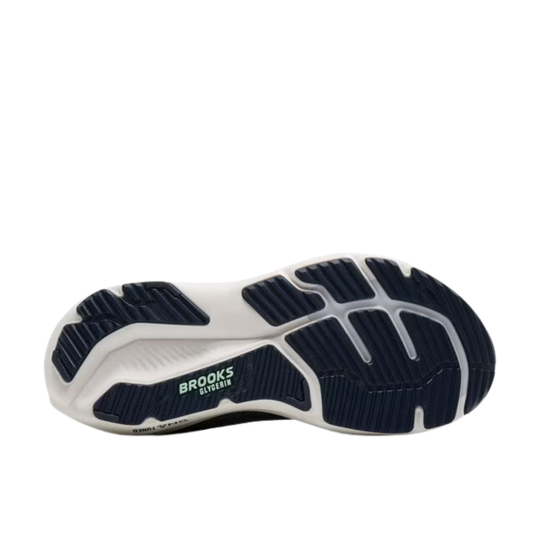 Running shoe outsole in white and navy with BROOKS GLYCERIN branding
