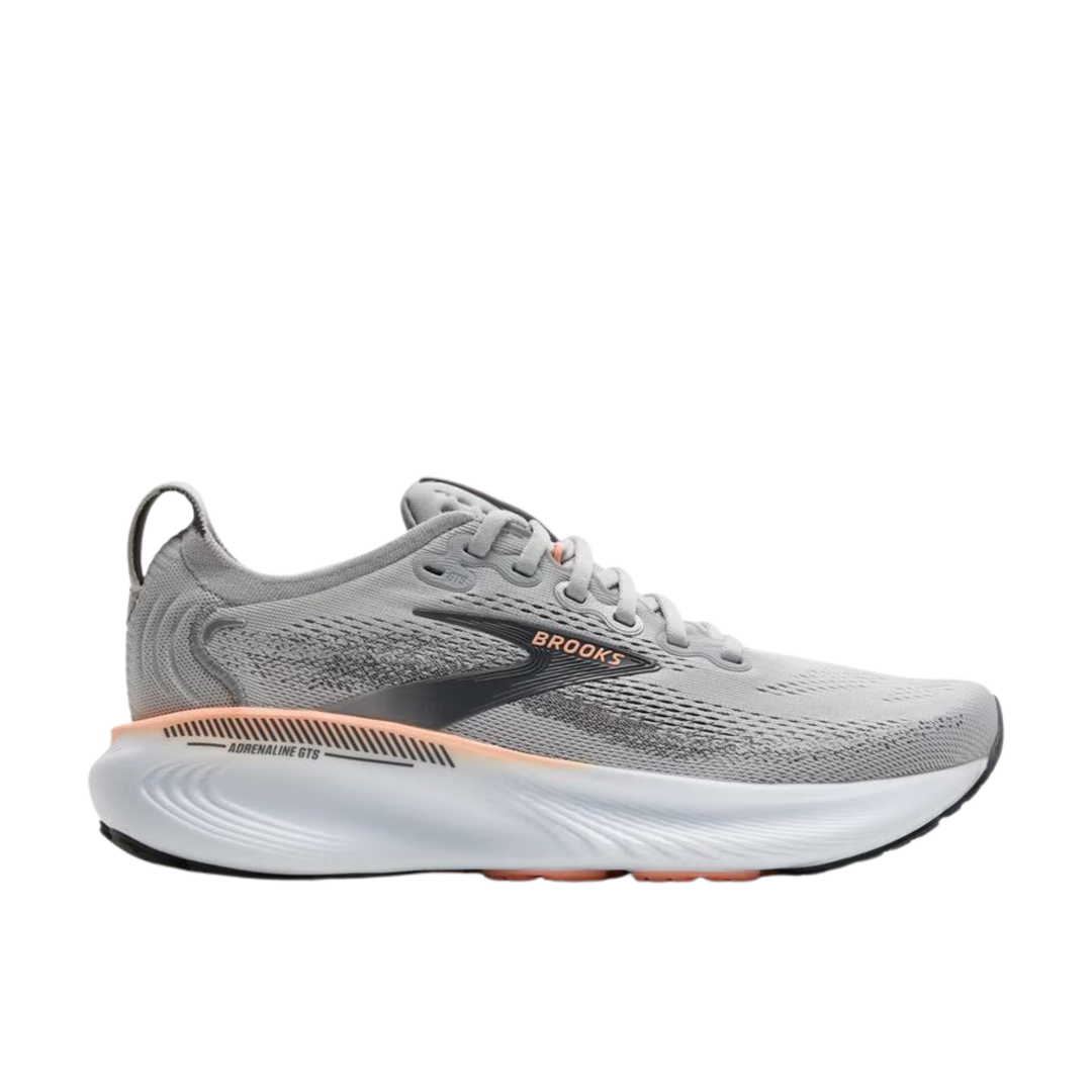 Gray running shoe with black side branding, coral accents, and thick white cushioned sole