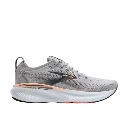 Gray running shoe with black side branding, coral accents, and thick white cushioned sole