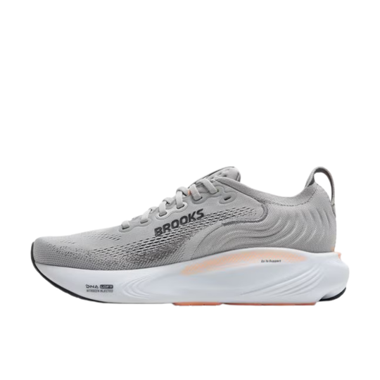 Light gray running shoe with visible Brooks branding and white cushioned midsole