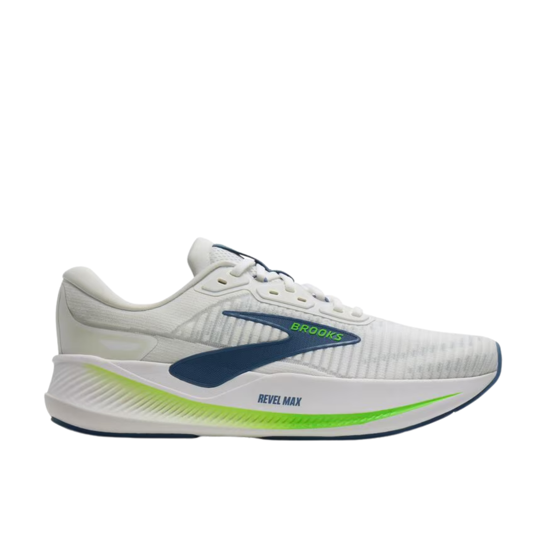 White running shoe with blue and green accents on a white background
