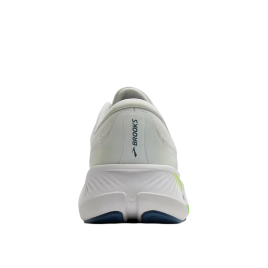 Rear view of a white running shoe with Brooks logo on the heel and blue outsole accents.