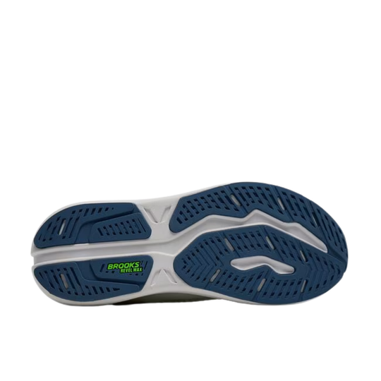 Running shoe outsole with blue traction pods and visible Brooks Revel Max branding