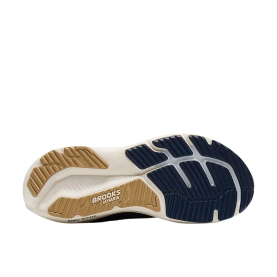 Outsole of a white running shoe with navy and tan rubber traction pods and Brooks Glycerin branding