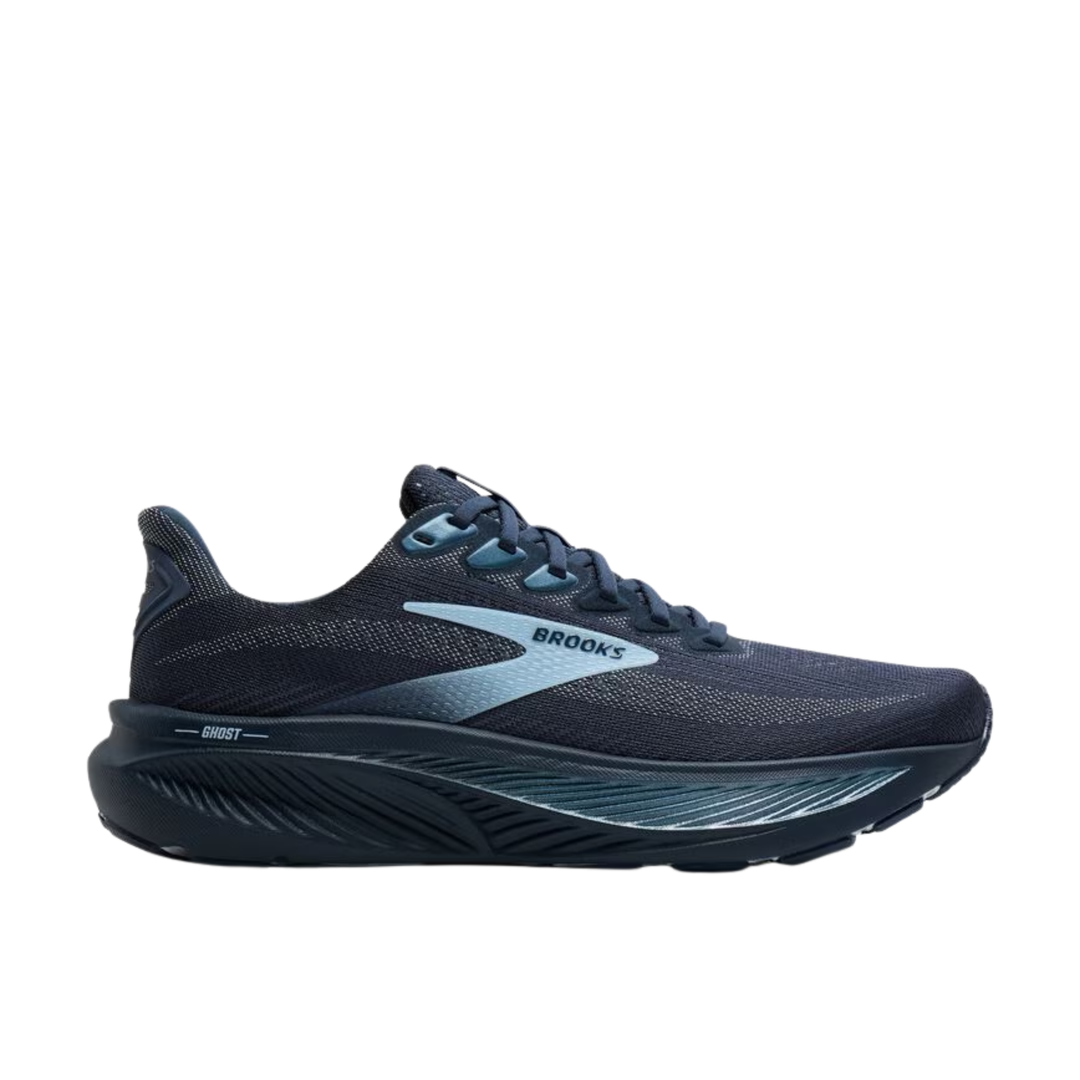 Navy running shoe with light blue side logo and visible Brooks and Ghost text on the midsole