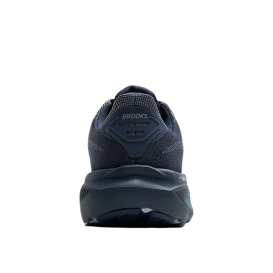 Dark navy running shoe shown from the heel with Brooks branding and a chunky cushioned sole