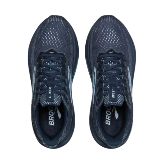 Pair of navy running shoes with mesh uppers, laces, and Brooks branding on the insoles