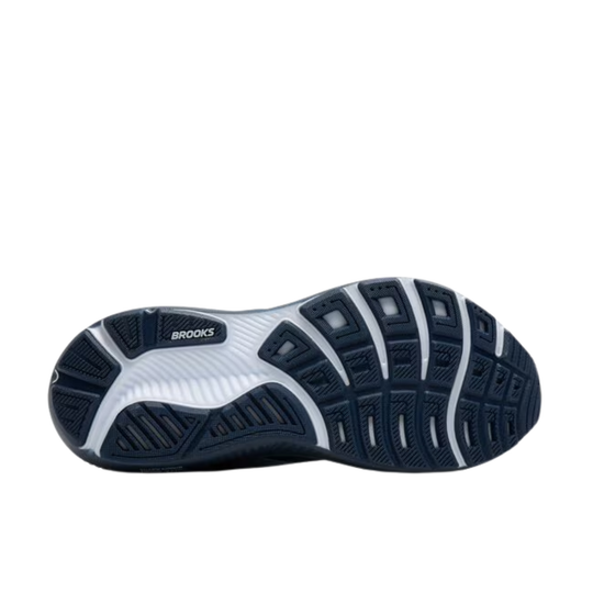 White and navy running shoe outsole with Brooks branding