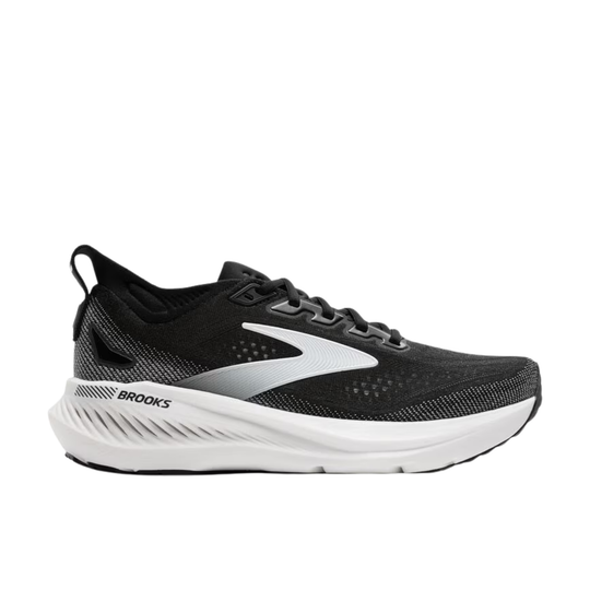 Black and white running shoe with Brooks branding on the heel