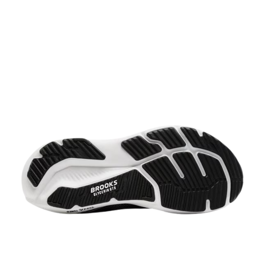 Black and white running shoe outsole with Brooks branding