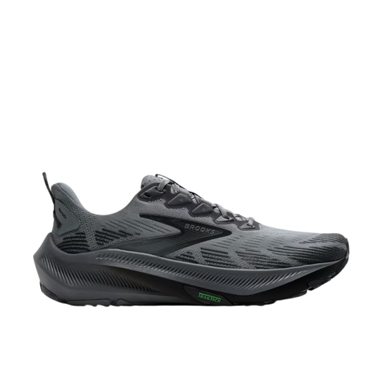 Black running shoe with brand logo on a white background