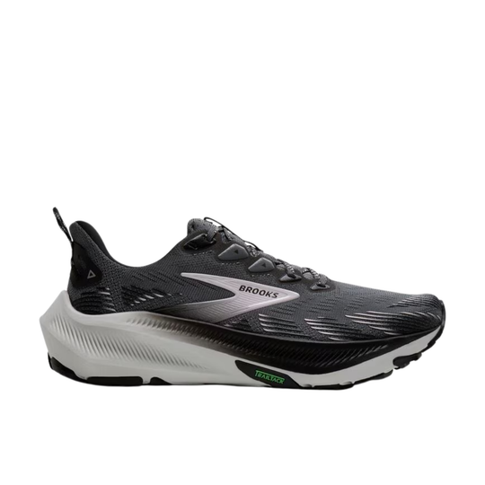 Black and gray trail running shoe with a white midsole and visible Brooks branding