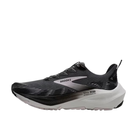 Black and gray trail running shoe with white midsole and Brooks branding