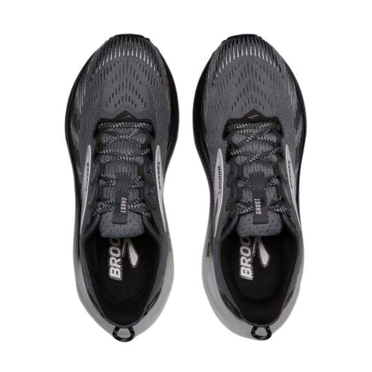 Pair of dark gray running shoes with black soles, laces, and Brooks branding on the insoles