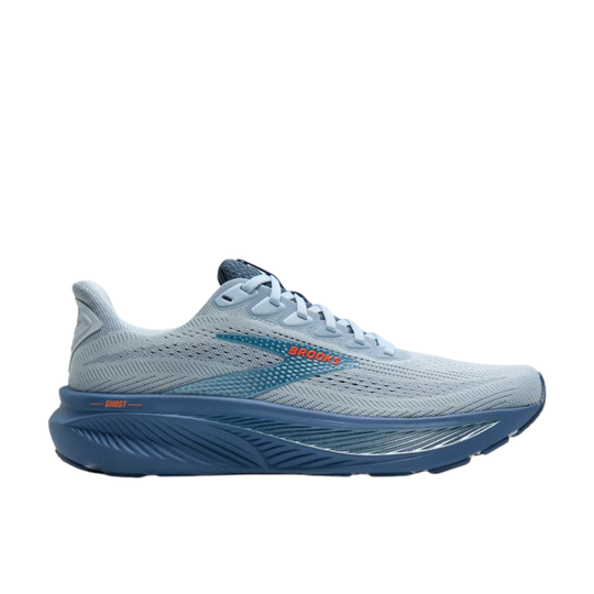 Blue running shoe with visible branding on a white background