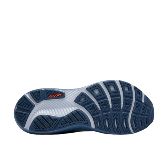 Blue and white running shoe outsole with Brooks branding