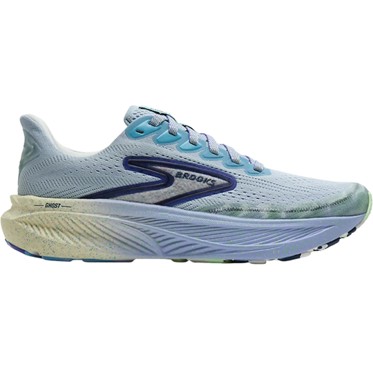Light blue running shoe with blue lace eyelets and a thick cushioned sole