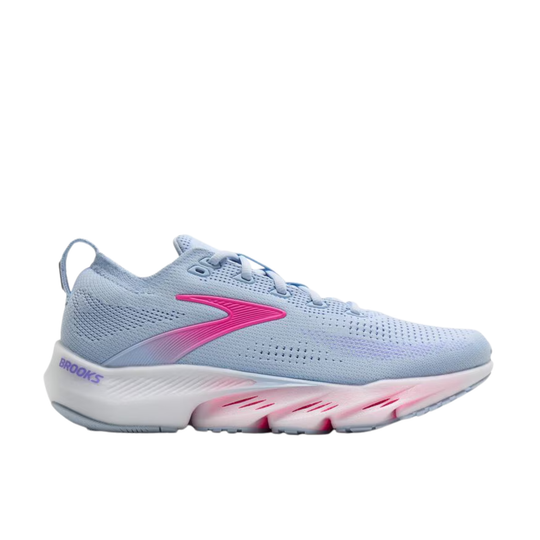Light blue running shoe with a pink side logo and Brooks branding on the heel