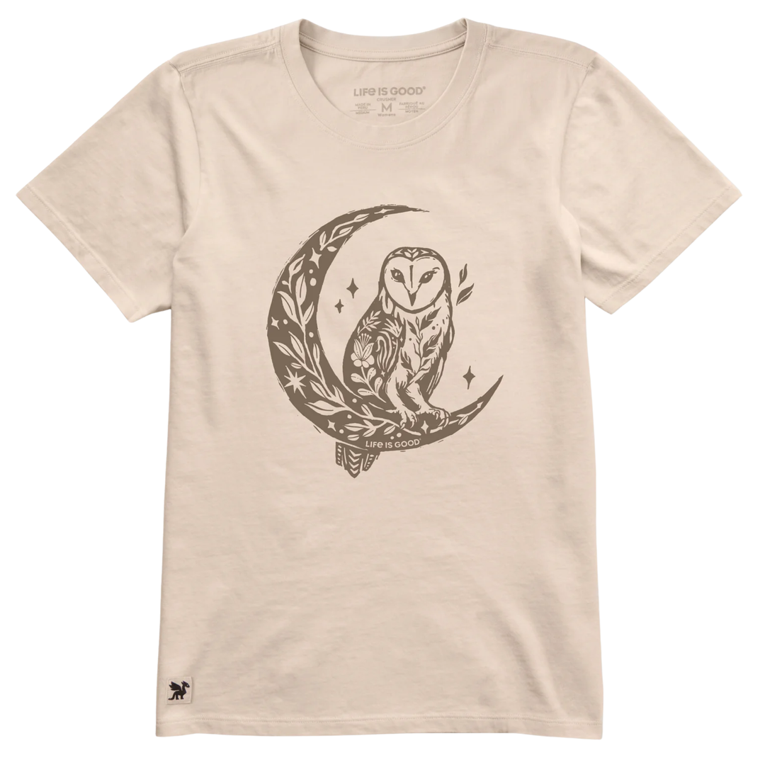 Beige t-shirt with owl and crescent moon design on a white background