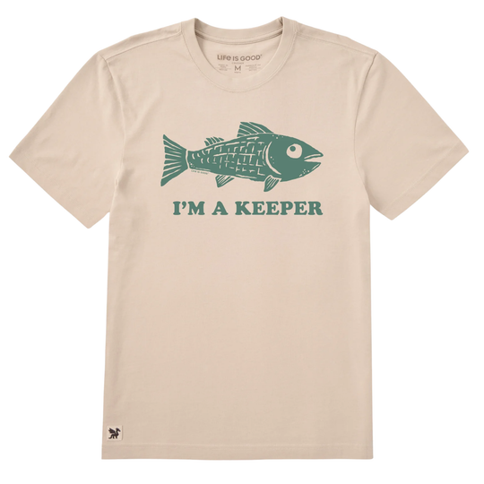 Beige t-shirt with green fish graphic and 'I'm a Keeper' text on a white background