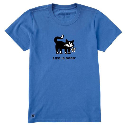 Blue T-shirt with a black cat holding a flower and 'Life Is Good' text