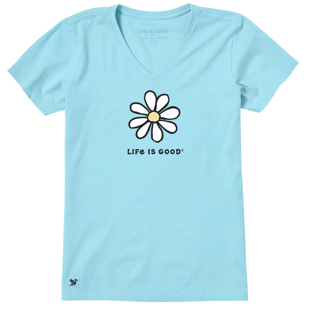 Light blue V-neck T-shirt with a white daisy graphic and 'LIFE IS GOOD' text