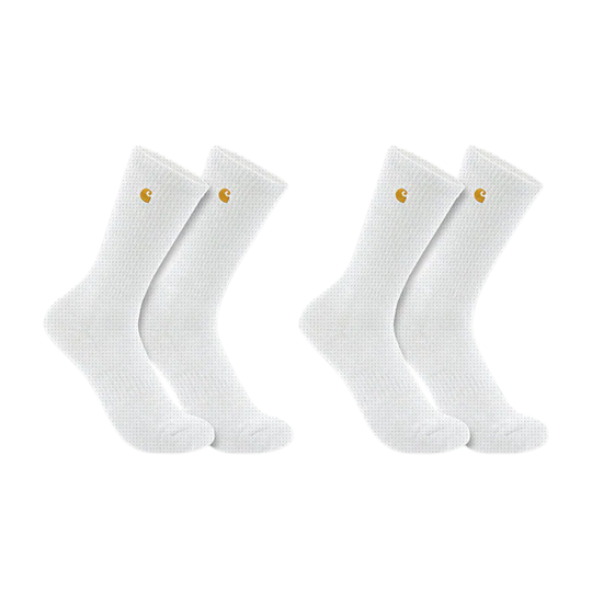 Four pairs of white socks with a small logo on a white background