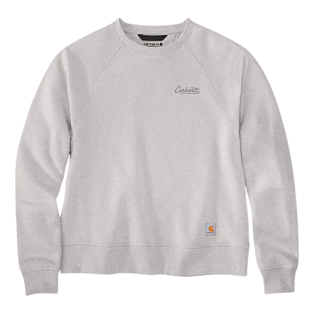 Light gray crewneck sweatshirt with long sleeves and small chest logo patch