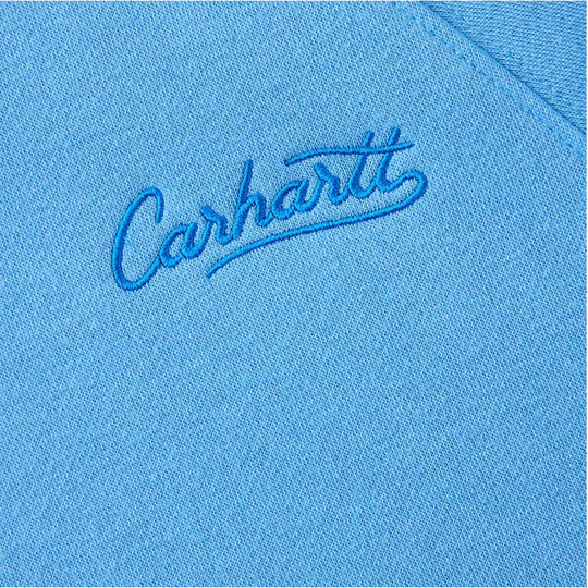 Close-up of a blue fabric with Carhartt logo