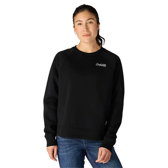 Person wearing a black sweatshirt with a logo on a white background